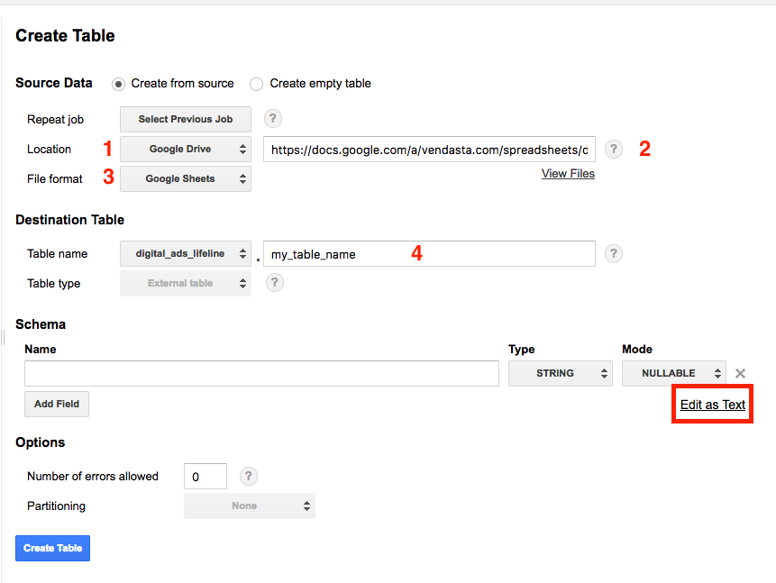 Create BQ Table